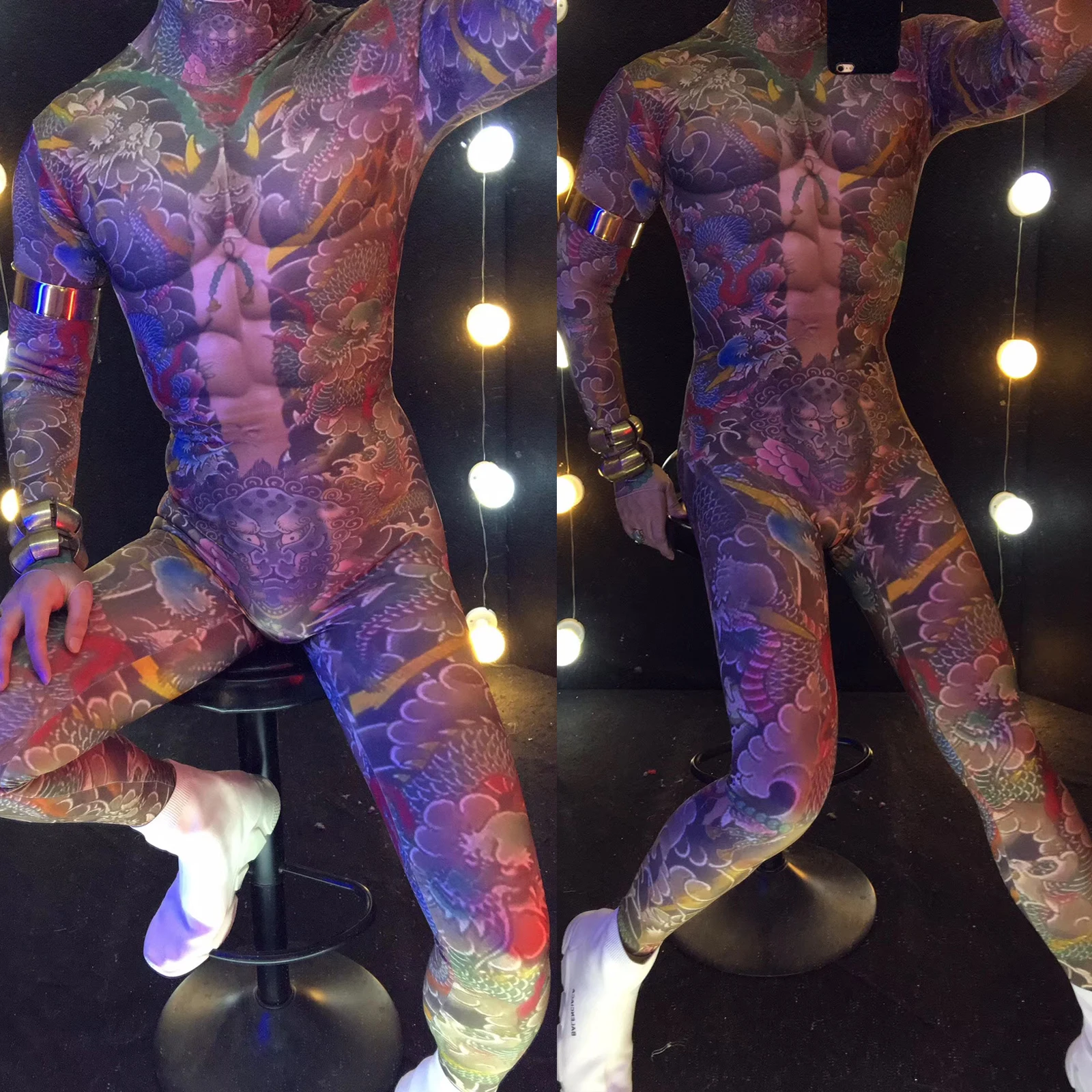 fashion 3D Printed jumpsuit long sleeve Skull tattoo Muscle Man nude leotard Male guest catwalk stage outfit dance club costume