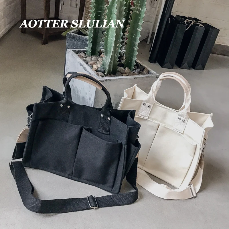 

Роскошная женская сумка-тоут, повседневные холщовые вместительные сумки для покупок, женские школьные портфели через плечо, однотонные сумки-шопперы на ремне