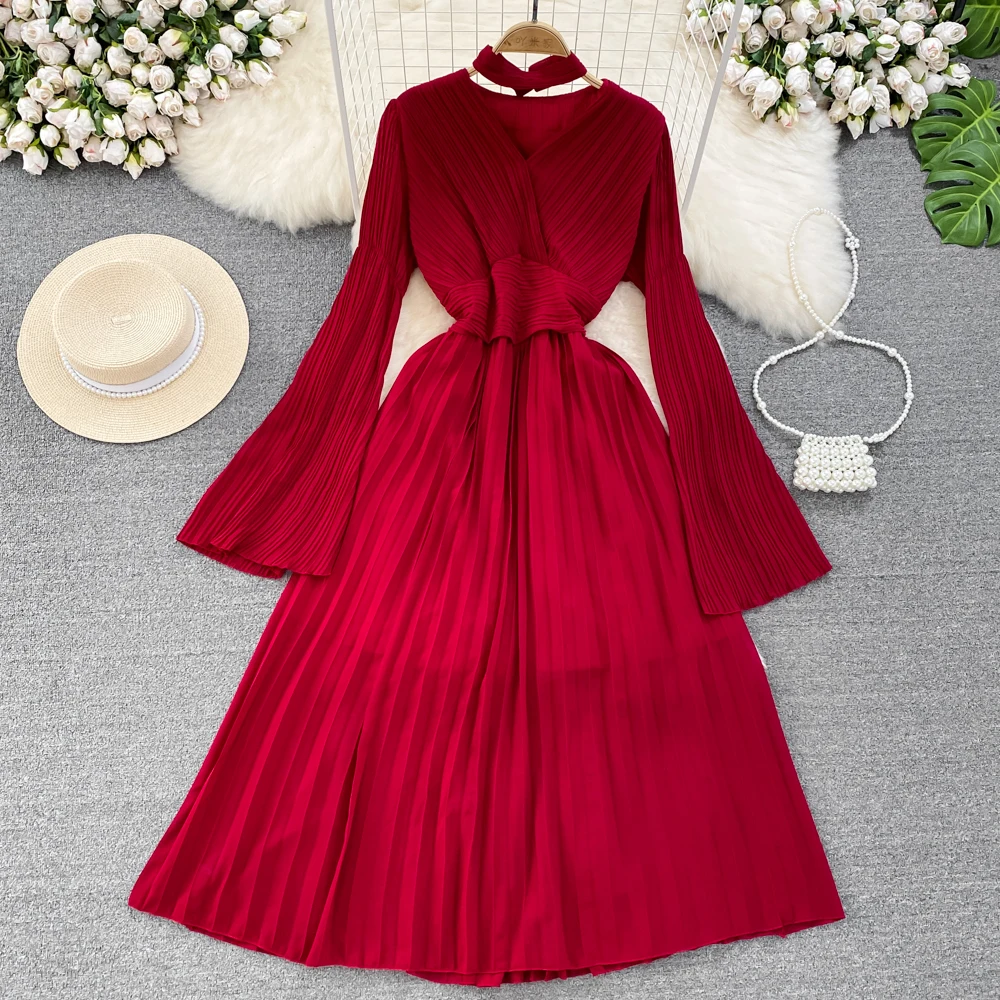 Autumn Flare Sleeve V-neck Midi Dresses for Women Solid Pleated A-line Elegant Party Dress Korean Fashion One Piece Vestidos New