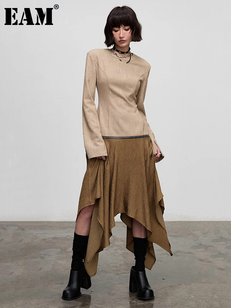 

[EAM] Women Coffee Irregular Zipper Two Ways Wear Dress New Round Neck Long Sleeve Fashion Tide Spring Autumn 2024 1DH4739