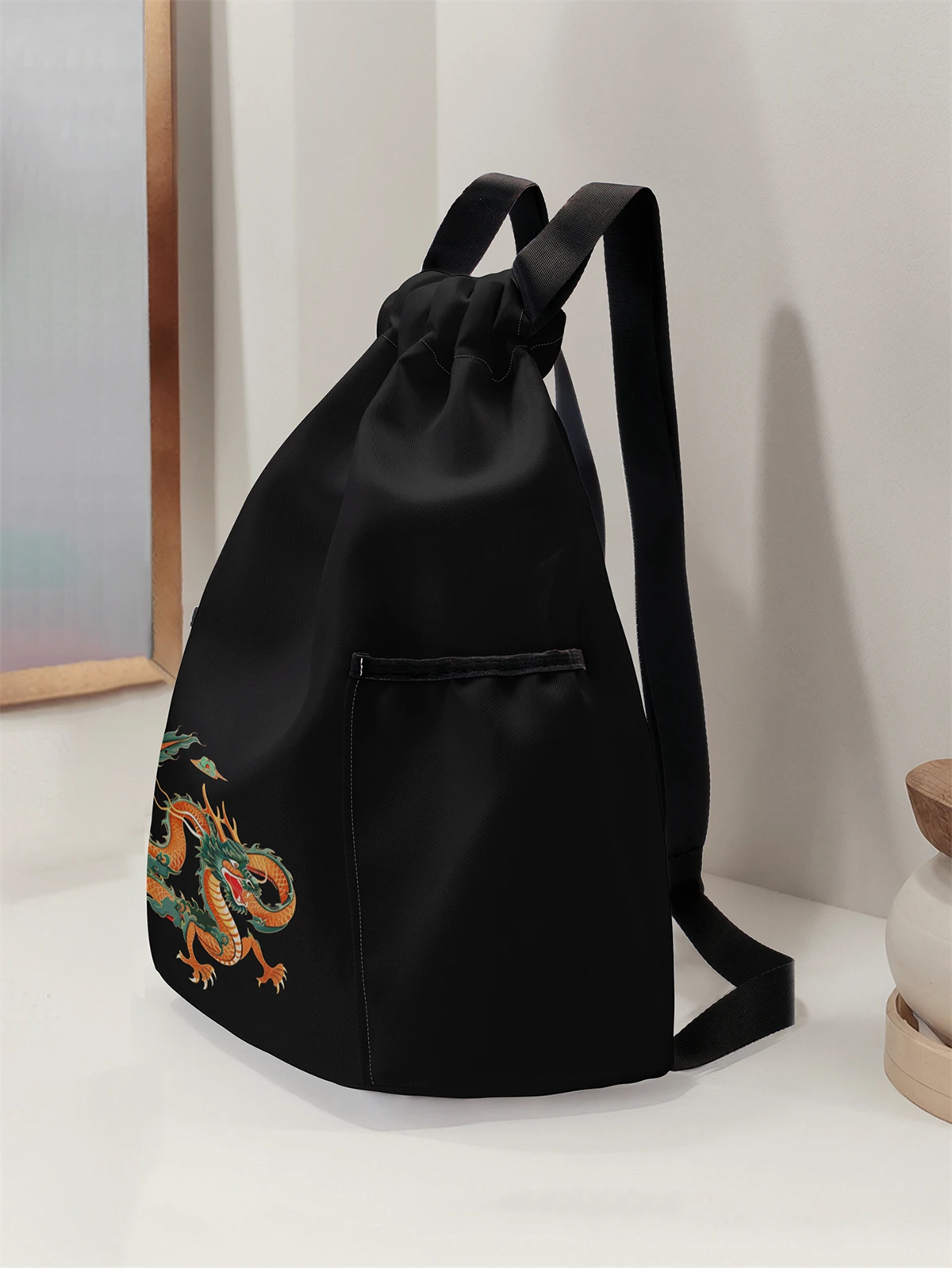 Dragon Pattern Pulling Rope Backpack - Large Capacity Durable Fitness Bag, Adjustable Shoulder Strap, Sports Beach Backpack