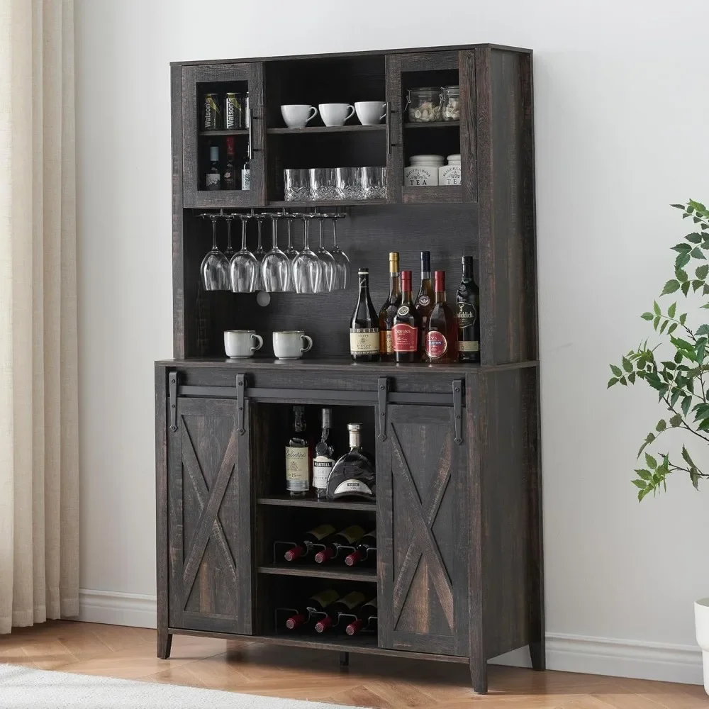 Farmhouse Coffee Bar Cabinet with Sliding Barn Door, 70" Tall Buffet Cabinet with Storage Shelves, Liquor Wine
