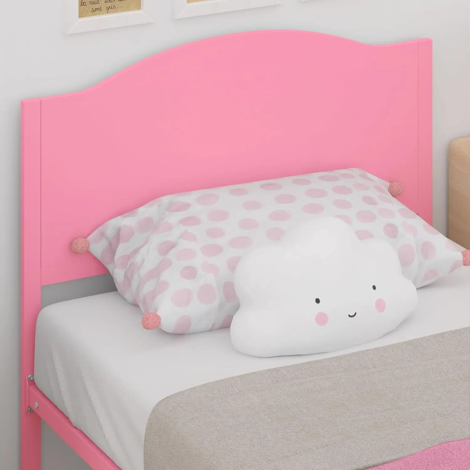 Timy Pink Kids Twin Bed Frame with Wooden Headboard and Footboard, Metal Platform Bed Frame for Boys Girls Teens Adults, Modern