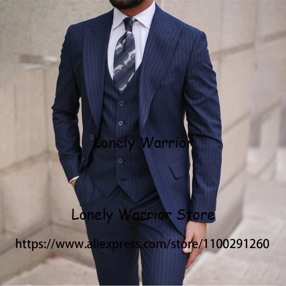 

Classic Navy Blue Striped Men Suits Slim Fit Formal Business Blazer Office Workwear Ropa 3 Piece Jacket Vest Pants Costume Homme