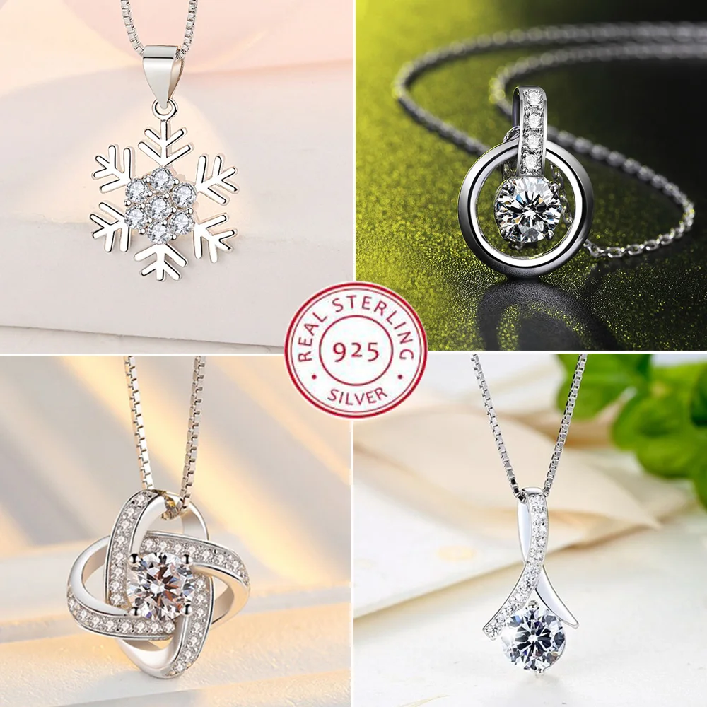 Silver Pendant Necklace Heart Shaped Four Leaf Clover Zircon for Women