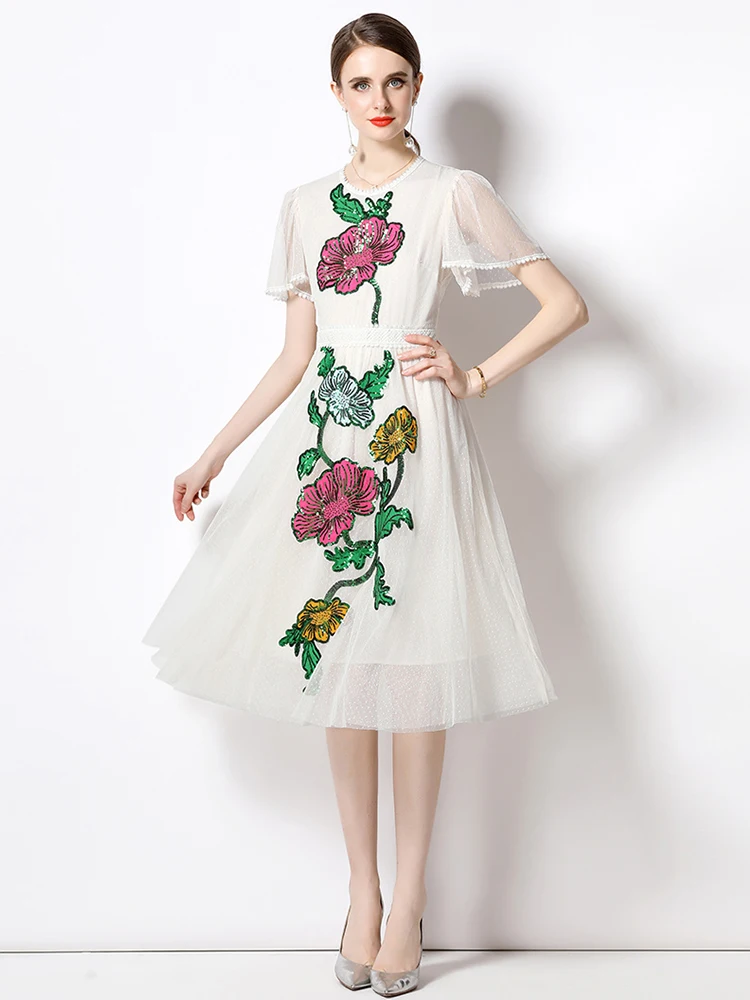 

Summer Runway Fashion Midi-length Dress Women's Butterfly Sleeve Sequines Flower Embroidery Ladies Slim A-Line Mesh Dresses