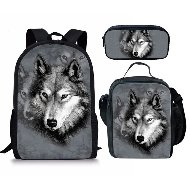 Popular Youthful Moon Wolf 3D Print 3pcs/Set Student Travel bags Laptop Daypack Backpack Lunch Bag Pencil Case