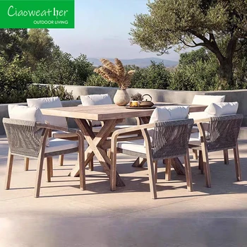 Hotel Outdoor Standard Patio Corda Tessitura Tavolo da giardino in legno di teak Mobili da esterno Tavolo da pranzo e set di sedie