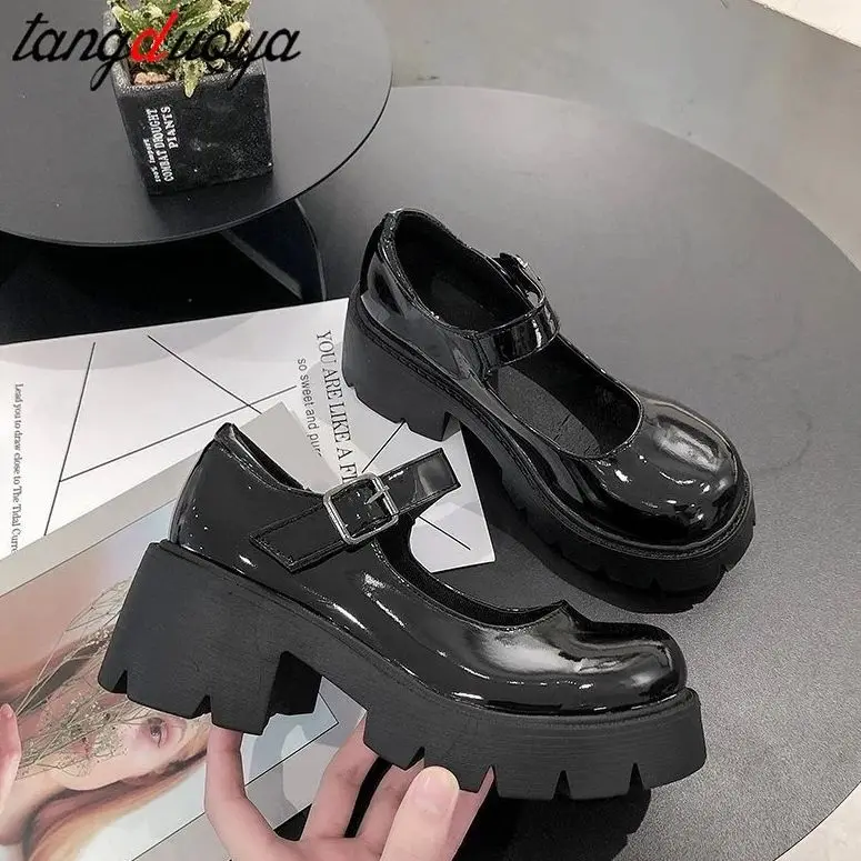 Scarpe Calzature donna Scarpe scollate e décolleté Retro Lolita Harajuku Mary Janes Kawaii Black Chunky High Platform Leather Oxford Heels Platform Shoes 