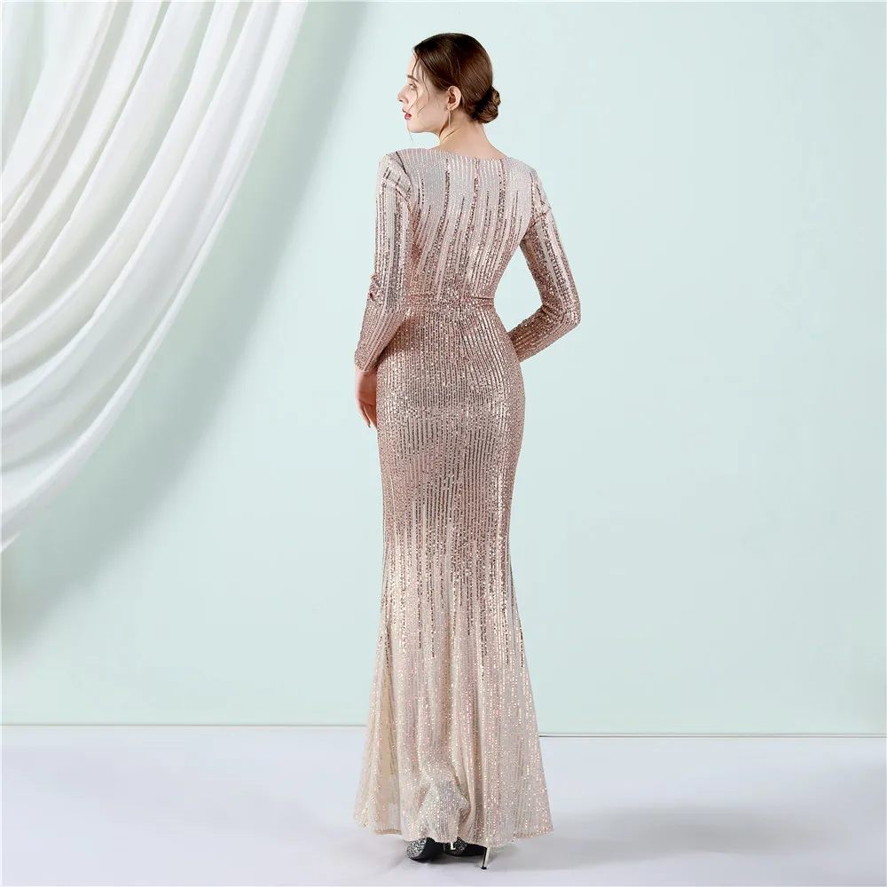 Sequined Long Sleeve V Mermaid Evening Dresses Formal Prom Pageant Wedding Party Robe Re Soirée Femme Robe De Soirée Se Mariage evening wear for women