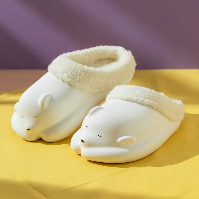 귀여운 강아지 곰 방수 면 신발, 겨울 홈 레저, 따뜻한 부드러운 바닥 플랫 바닥 면 슬리퍼