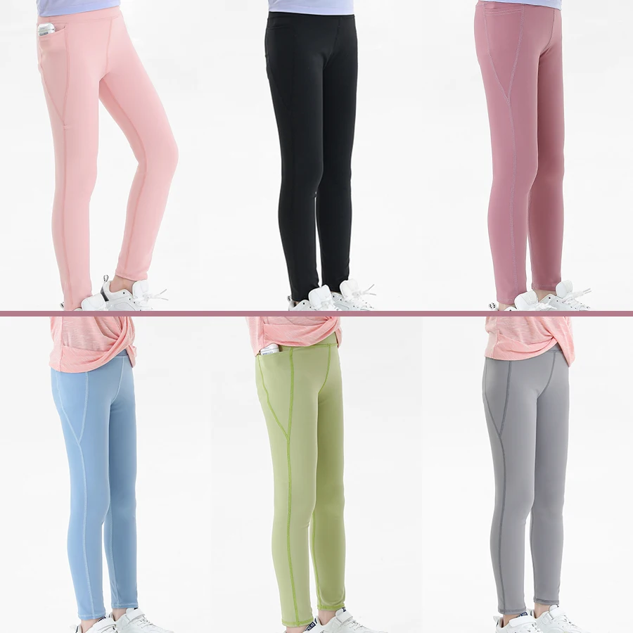 Sheecute-Leggings de Yoga elásticos para niñas, pantalones de entrenamiento atlético para correr, de cintura alta, 4 vías, con bolsillos, GYM1428