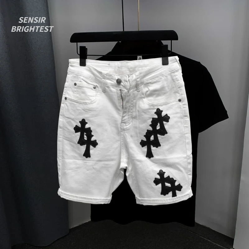 Denim Pants Denim Shorts Summer Jeans Shorts Summer Cotton Elastic Shorts Men's American Style Street Fashion Brand Embroidered White Denim Shorts Men And Women