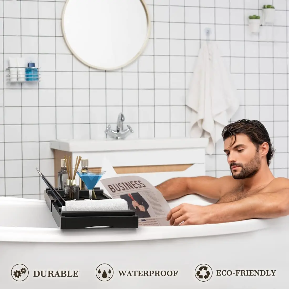 NEW Bamboo Adjustable Organizer Tray for Bathroom with Free Soap Dish Suitable for Luxury Spa or Reading(Black)