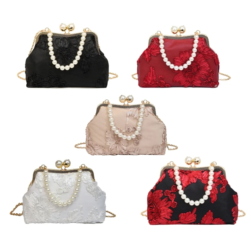 

Women Vintage Flower Kiss Lock Evening Bag Pearl Beaded Handbag Purse Wedding Party Shoulder Crossbody Bag with Chain 066F