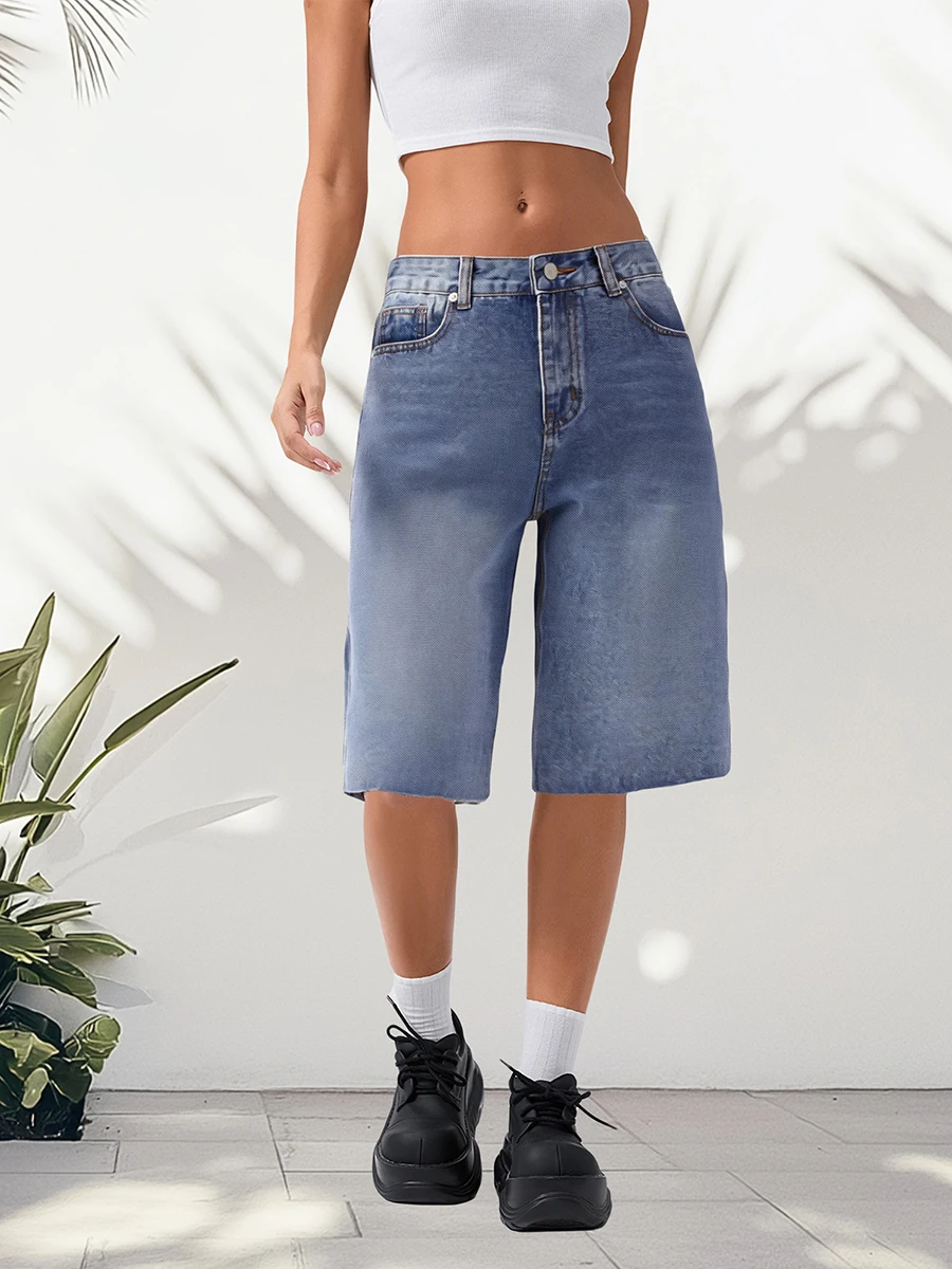 Women s Distressed Denim Bermuda Shorts with Frayed Hem and High Waist Casual Capri Jean Pants for Summer Beachwear and Travel