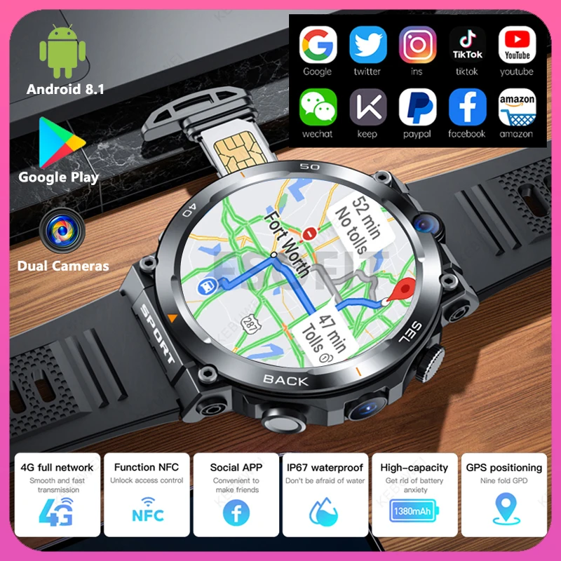 듀얼 카메라 영상 통화 스마트 워치, 4G SIM 카드, GPS, NFC, 와이파이, 얼굴 잠금 해제, 구글 플레이 지원, 블루투스 스마트 워치