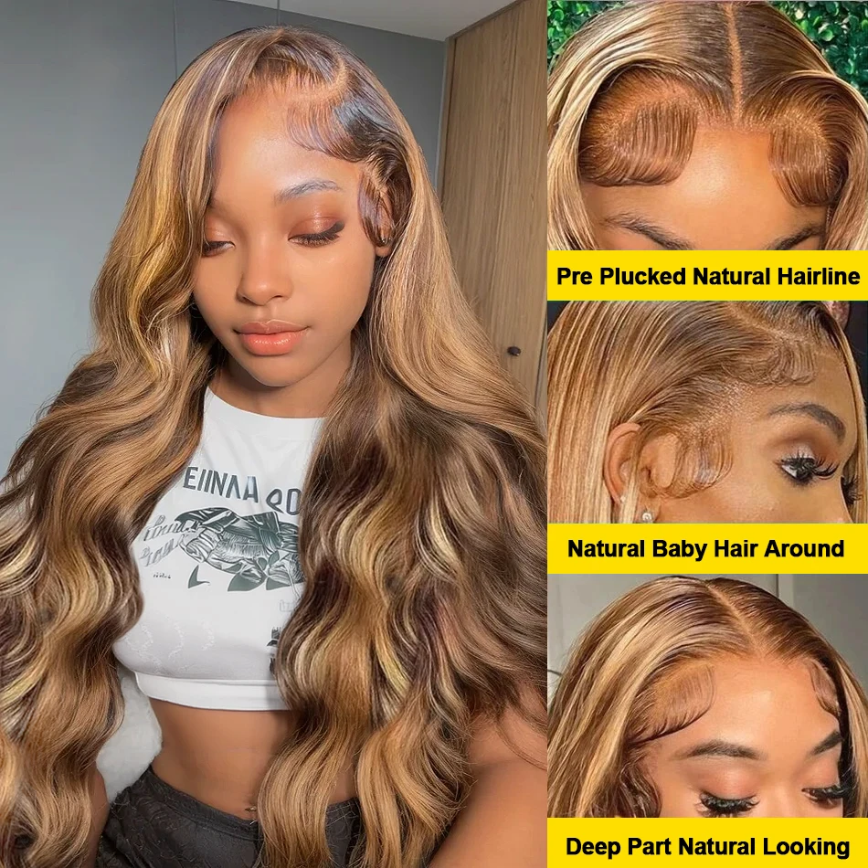 250% Highlight Ombre Body Wave 13x4 HD Lace Frontal Wigs 4/27 Blonde Brown Colored 13x6 Lace Front Human Hair Wig For Women