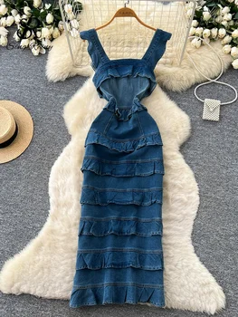 SINGREINY Ruffle Denim Fashion Dress Women Summer French Style Square Collar Slim Office Lady Vintage Casual Straight Long Dress 1