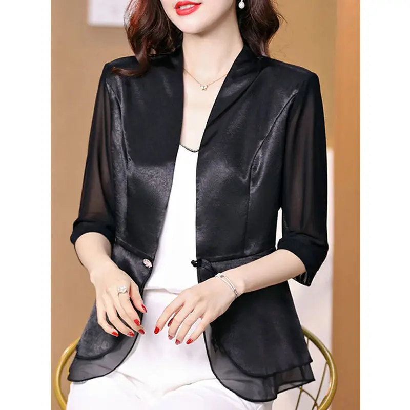 

Women's Small Suit Thin Short Coat New Spring and Summer Fashion Age Reduction Mesh Satin Splicing Sleeve Outer Top