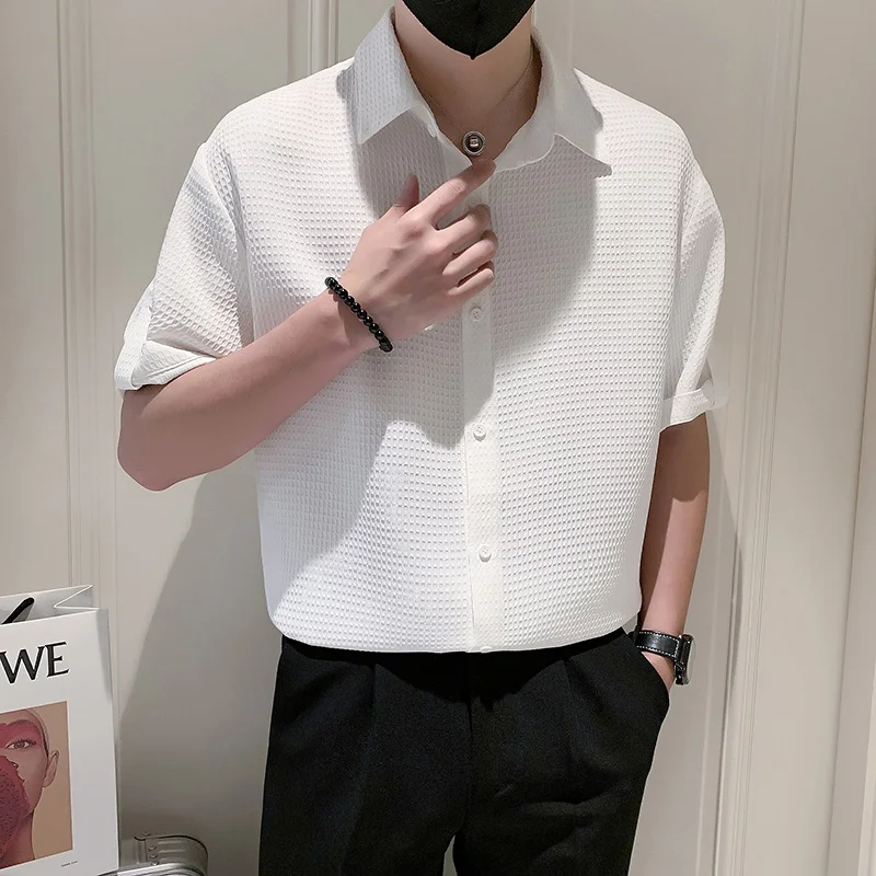 

Luxury Plaid Embossed Shirt for Men Plus Size Brand Single Breasted Short Sleeved Mens Shirts Party Club Korean Camisa Masculina