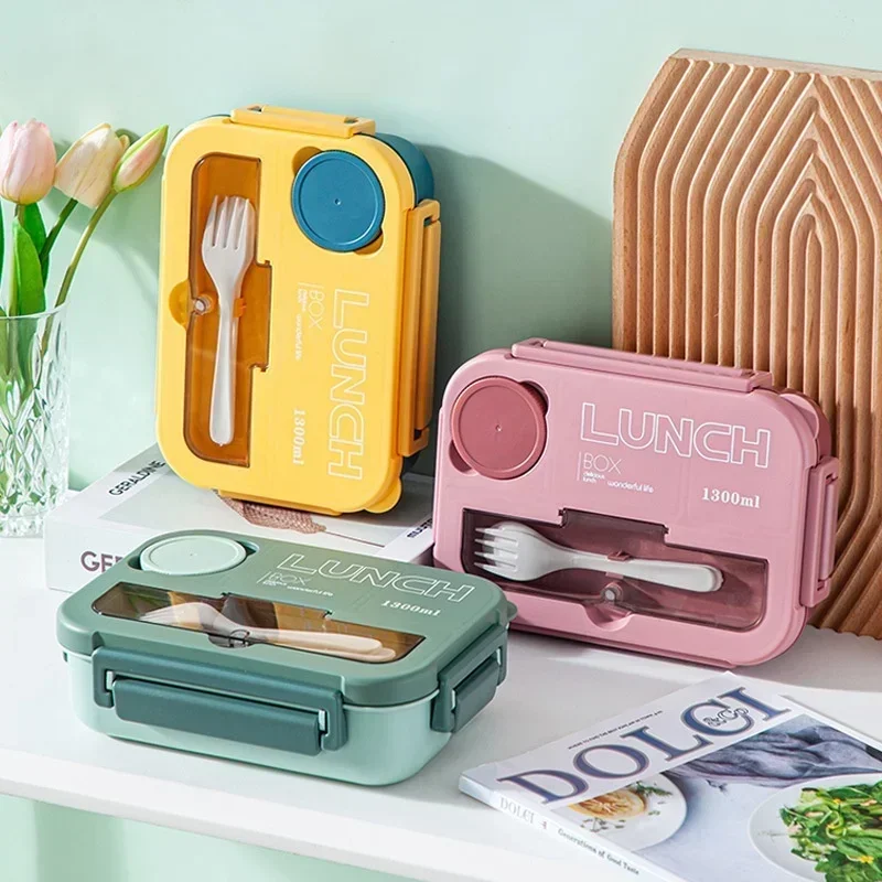 Portable Lunch Box with Fork and Spoon - 1300ML Leak-Proof Bento Container for Kids, Students, and Office