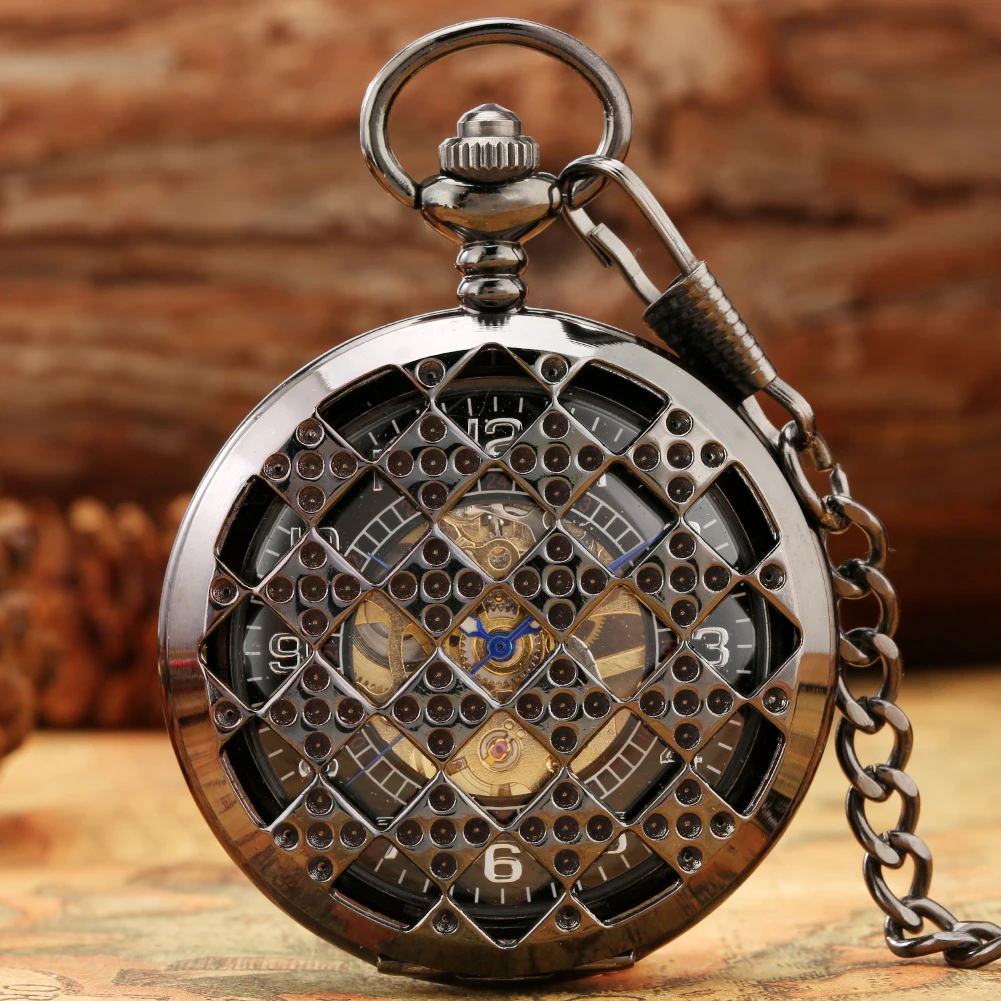 

Vintage Black Hollow Square Five Dots Design Men's Mechanical Pocket Watch Arabic Numerals Dial Hand Winding Pocket Clock Male