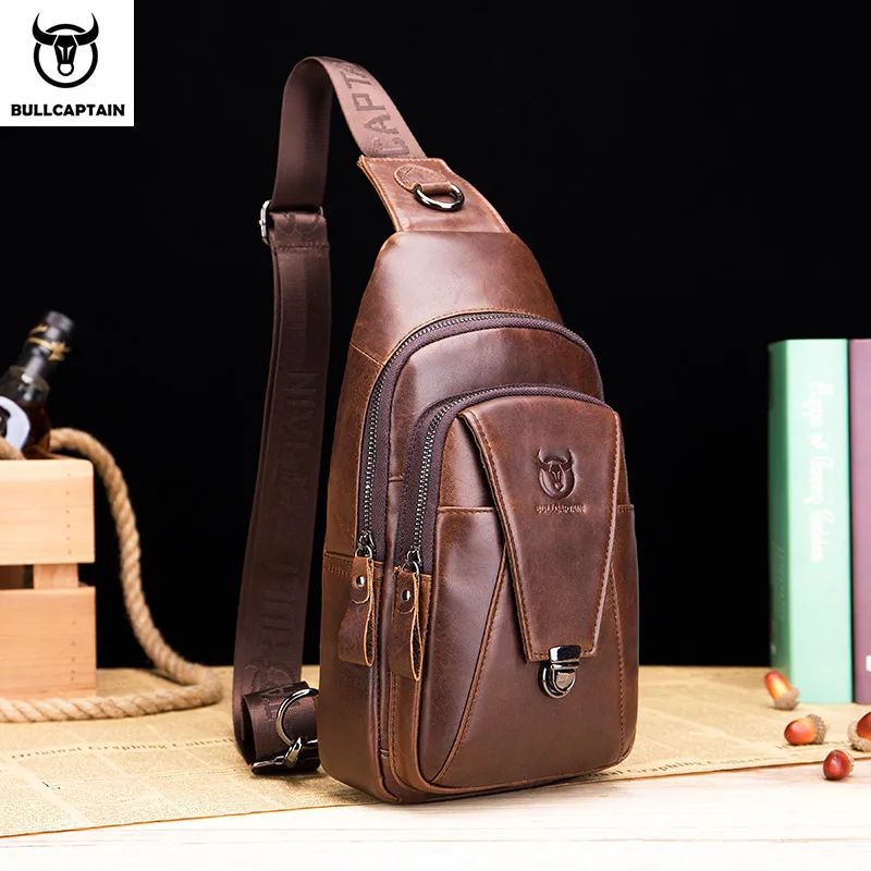 BULLCAPTAIN Genuine Leather Chest Back Pack Chest Bag Men Fashion Messenger Bag's Multifunctional Card Bages Mobile Phone Bags pndme fashion vintage genuine leather men s small shoulder bag high quality crazy horse cowhide teens phone messenger bags