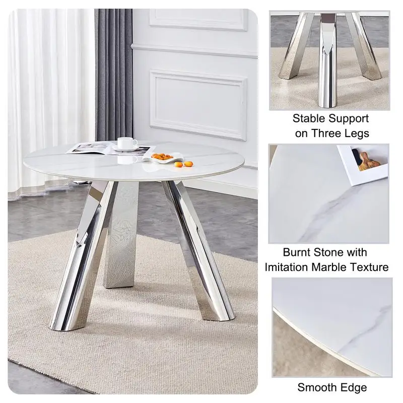 42-Inch Round Table Set with 4 Unique White Dining Chairs and Stainless Steel Legs - Sintered Stone Top - Image 6