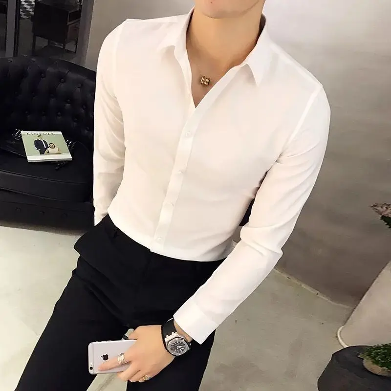 2023 New Spring and Autumn Korean Version Trendy Business Casual Lapel Single Breasted Long Sleeved Solid Color Minimalist Shirt