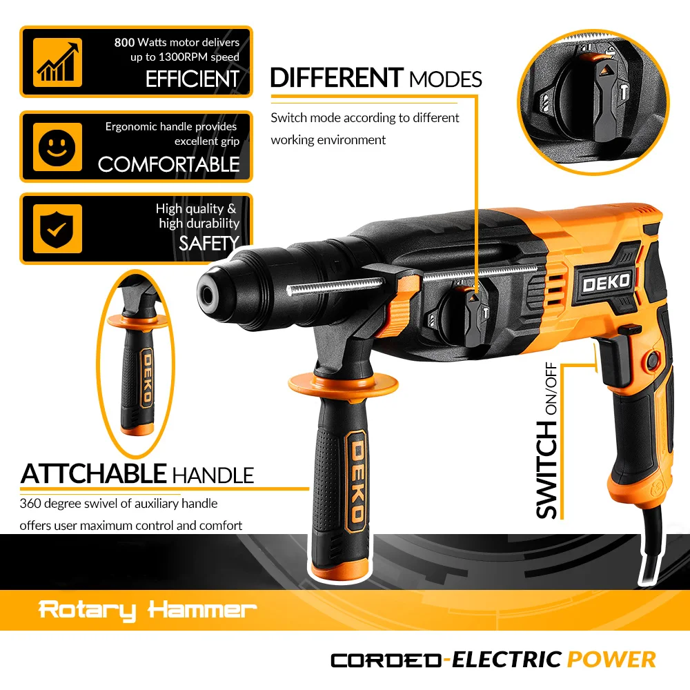 DEKO DKRH26XL80-ST 4 Functions Electric Rotary Hammer Multifunctional Rotary Accessories Electric Demolition Hammer Impact Drill 4