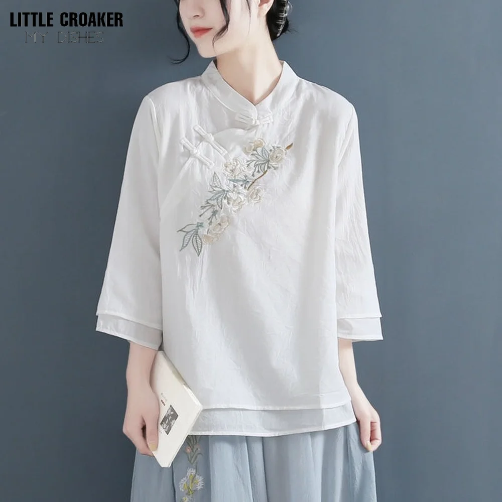 Autumn Double Layers Ladies Cotton Linen Shirt Blouse Chinese Traditional Women's Formal Tang Costume Pink Green White Hanfu Top