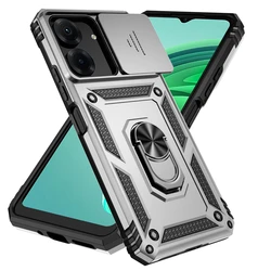 Shockproof Armor Case with Slide Camera Lens Cover and Ring Holder for Redmi 13C (Silver)
