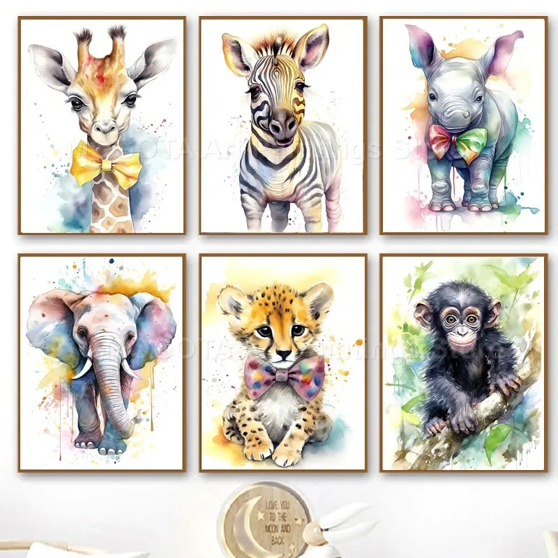 Watercolor Leopard Giraffe Elephant Zebra Cartoon Animals Posters Wall Art Canvas Painting Print Pictures Baby Kids Room Decor