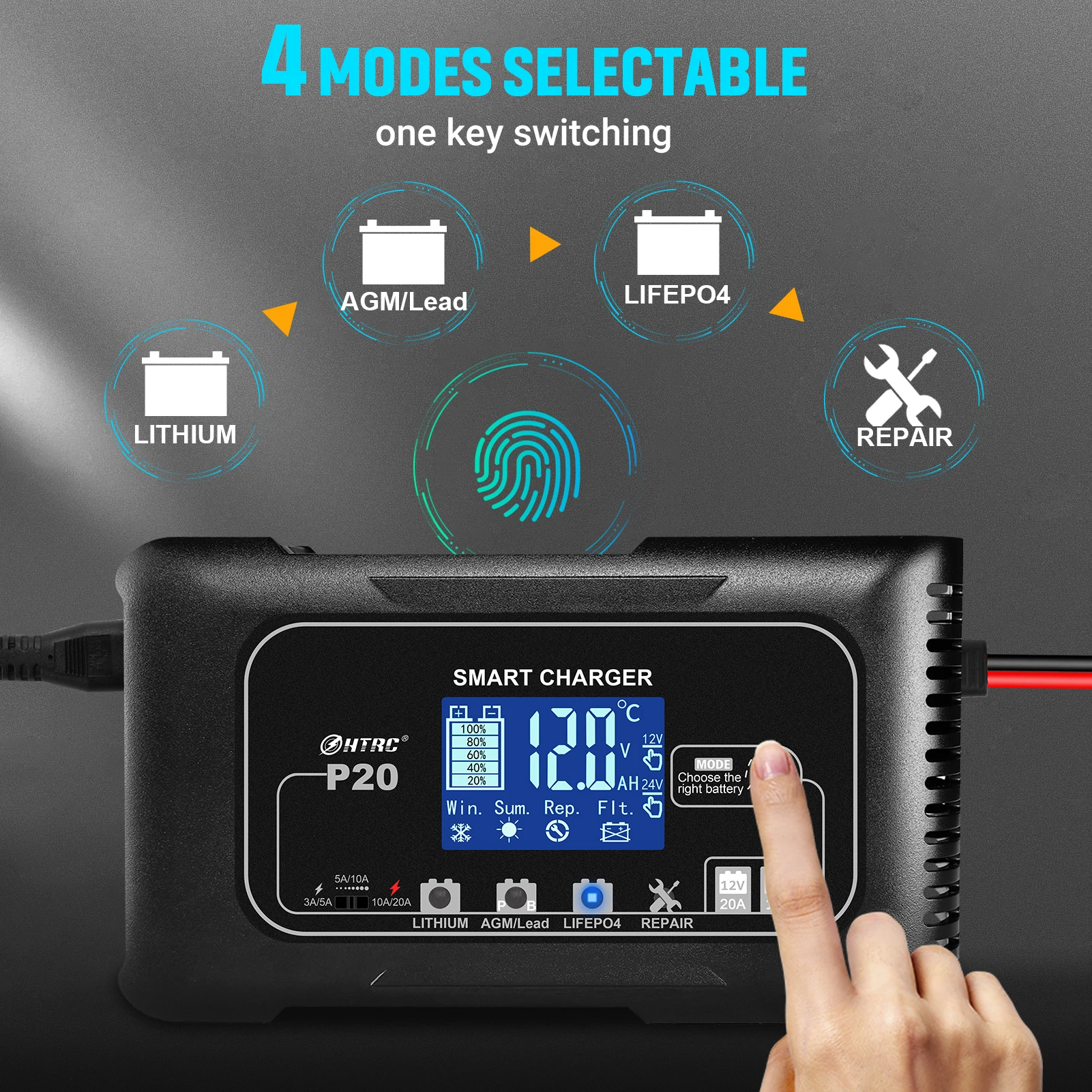 Battery Charger Battery Charger Adapter HTRC 15A/20A Smart Battery Charger Automatic Pulse Repair Charge for Lead-Acid Lithium LiFePO4 Battery Car Motorcycle Charger