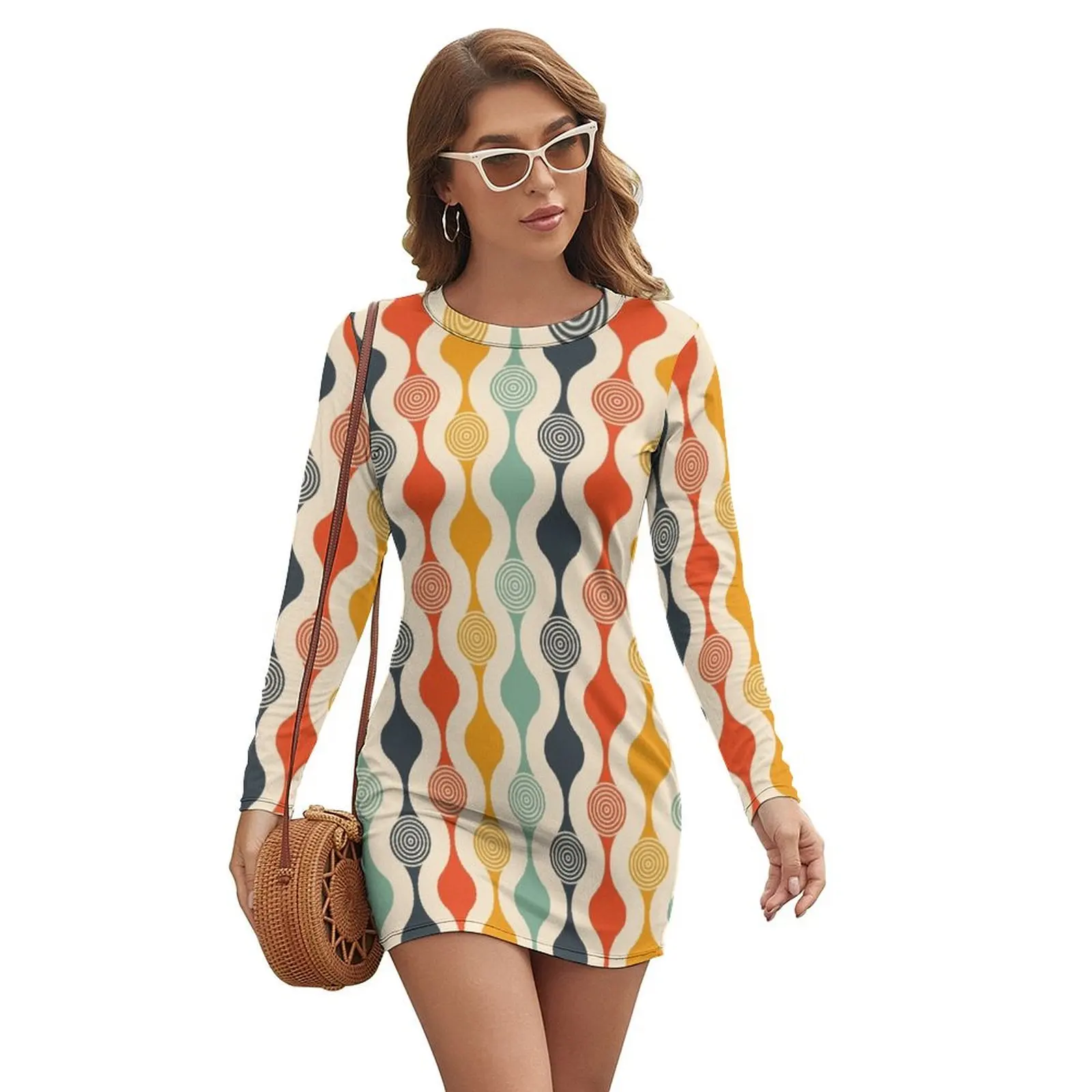 

Groovy 70's Pattern Long-sleeved Dress loose women's dress dresses for women 2024
