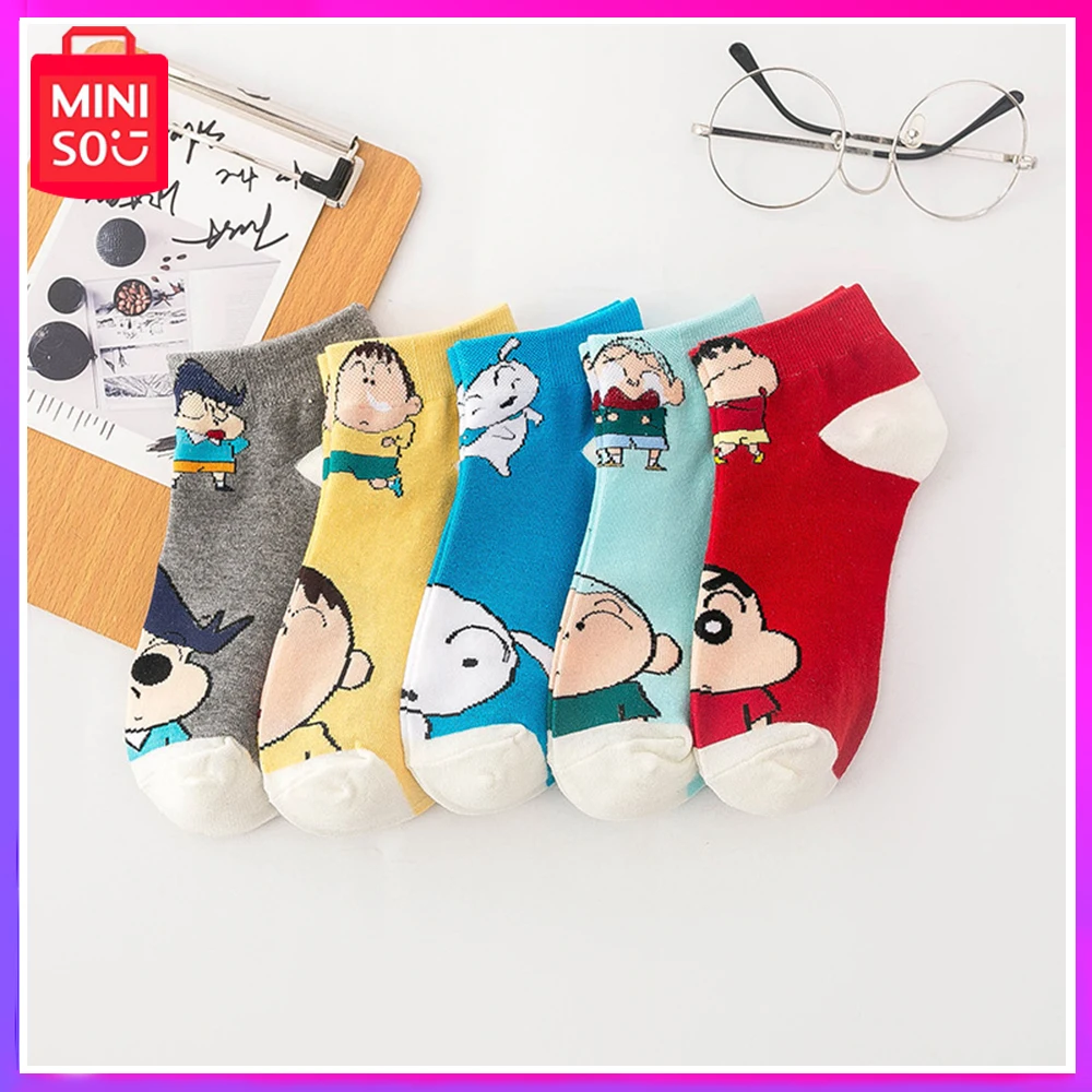 

2024 Miniso Crayon Shin Chan Japanese Cartoon Cotton Shallow Mouth Boat Socks Students Woman Socks Kawaii New Year Birthday Gift