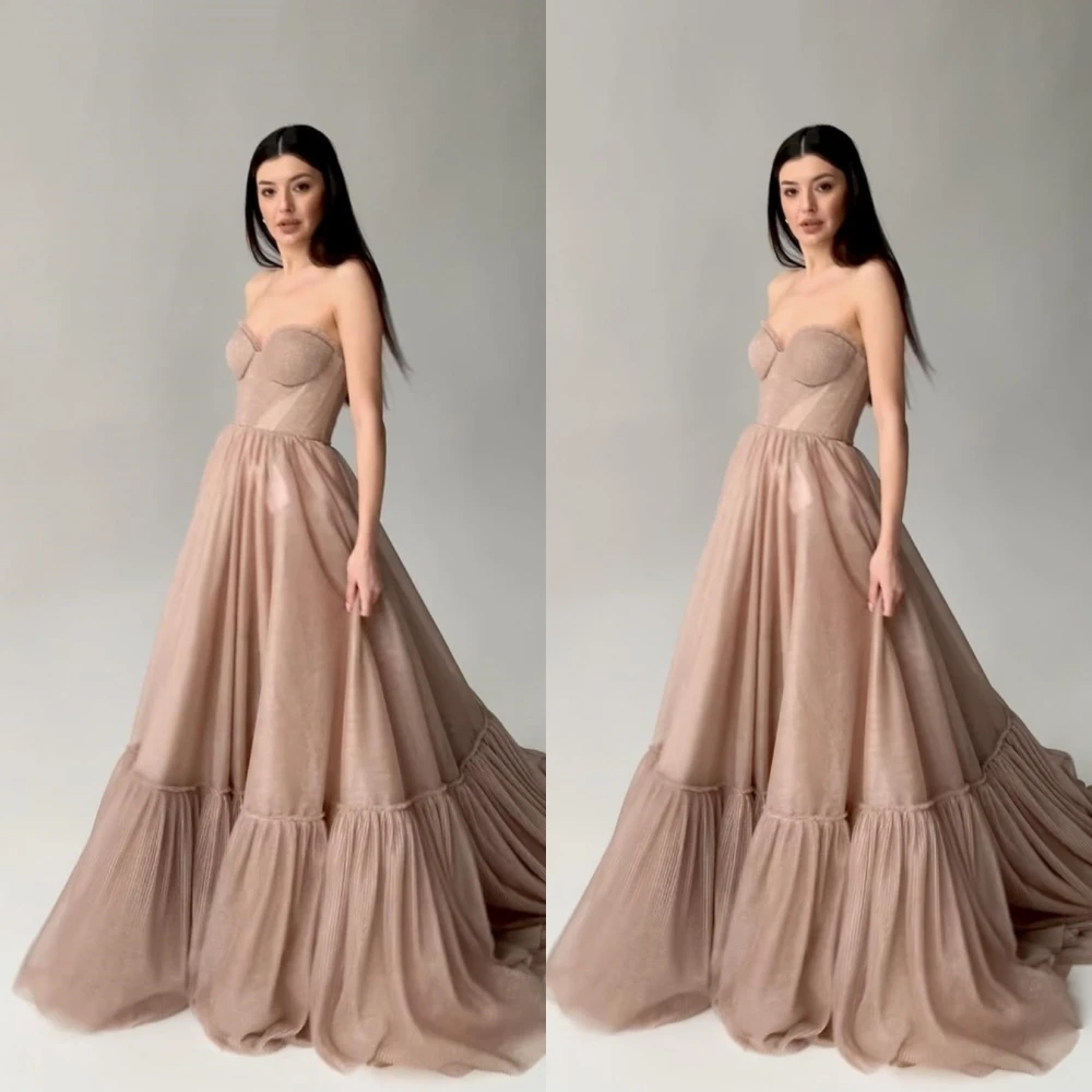 

elegant Simple Strapless A-line Evening Dresses Open back Draped Organza Floor length Prom Dresses vestidos de noche فساتين