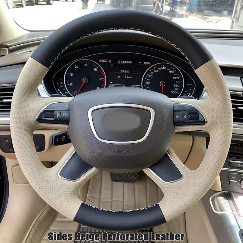 CARDAK 블랙 베이지 가죽 자동차 핸들 커버, 아우디 Q3 Q5 2013-2016 Q7 2012-2015 A4 (B8) 2014 2015 A6 (C7)