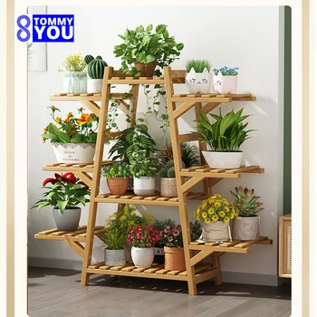 A-shaped Balcony Bamboo Flower Storage Stand Indoor Succulent Climbing Vine Flower Rack Living Room Multi-layer Plant Shelves 1
