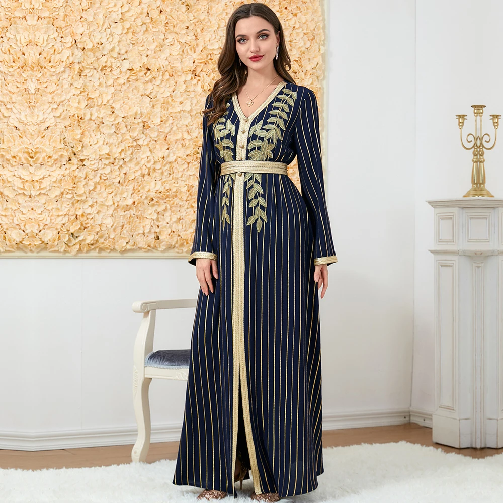 

Elegant Navy Blue Ramadan Abaya Long Dresses Ladies Kaftan Embroidery Spring Clothes Women 2023 Full Sleeve Striped Skirt Muslim