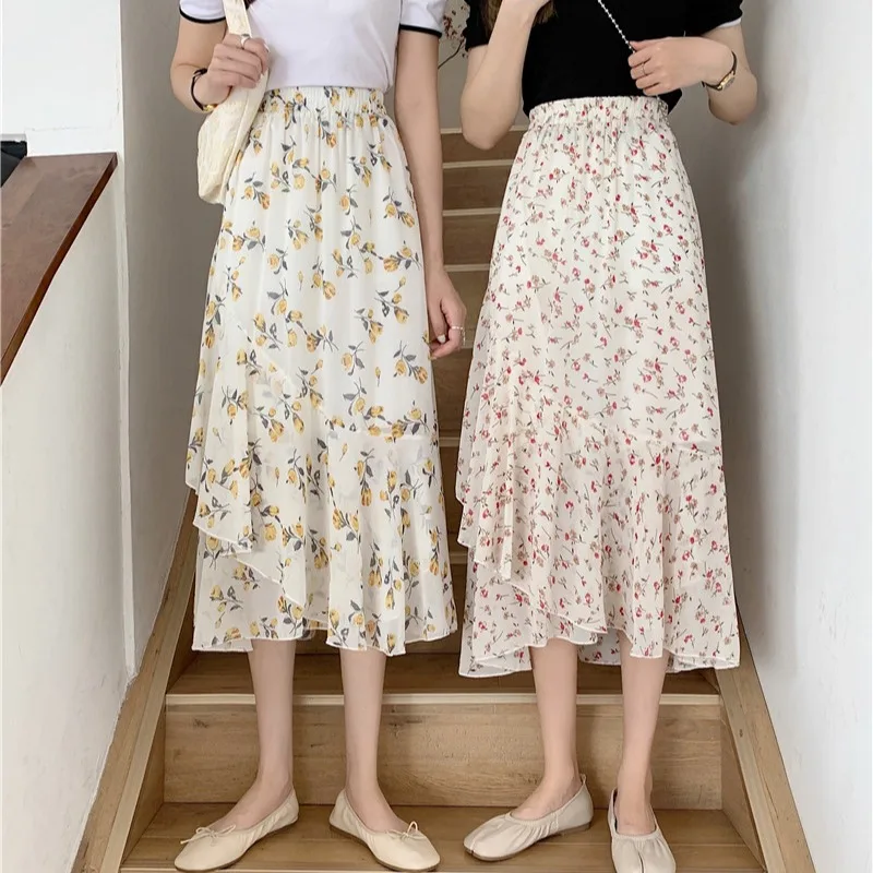 

2023 Women Summer Thin Floral Long Skirt Korean Style Fashion Chiffon A-line Casual High Waist Aesthetic Ladies Printing Skirts