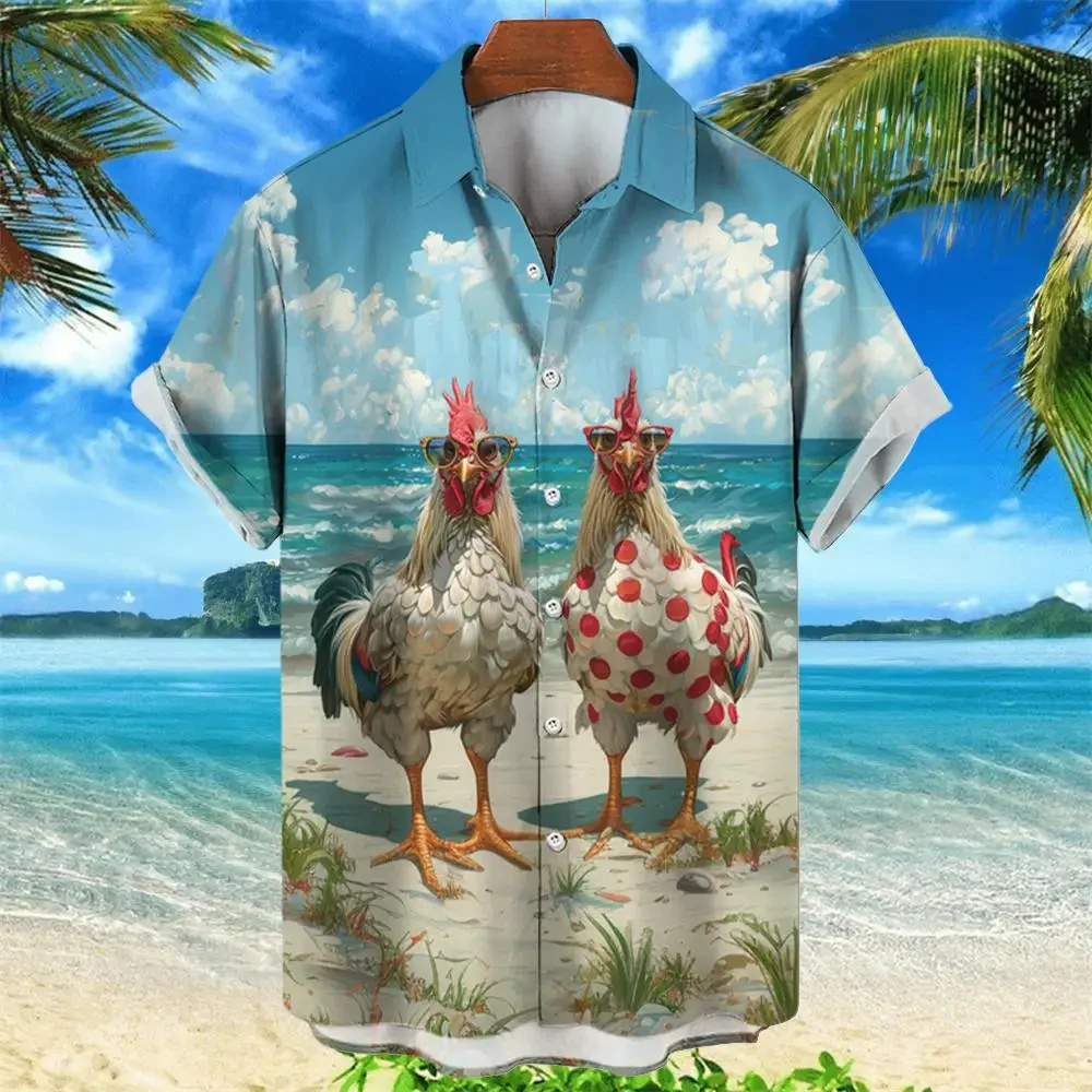 Hawaii Herren hemd Cartoon 3d Tier Huhn Druck Tops Sommer Mode Urlaub Kurzarm Hemden Revers Knopf Kleidung