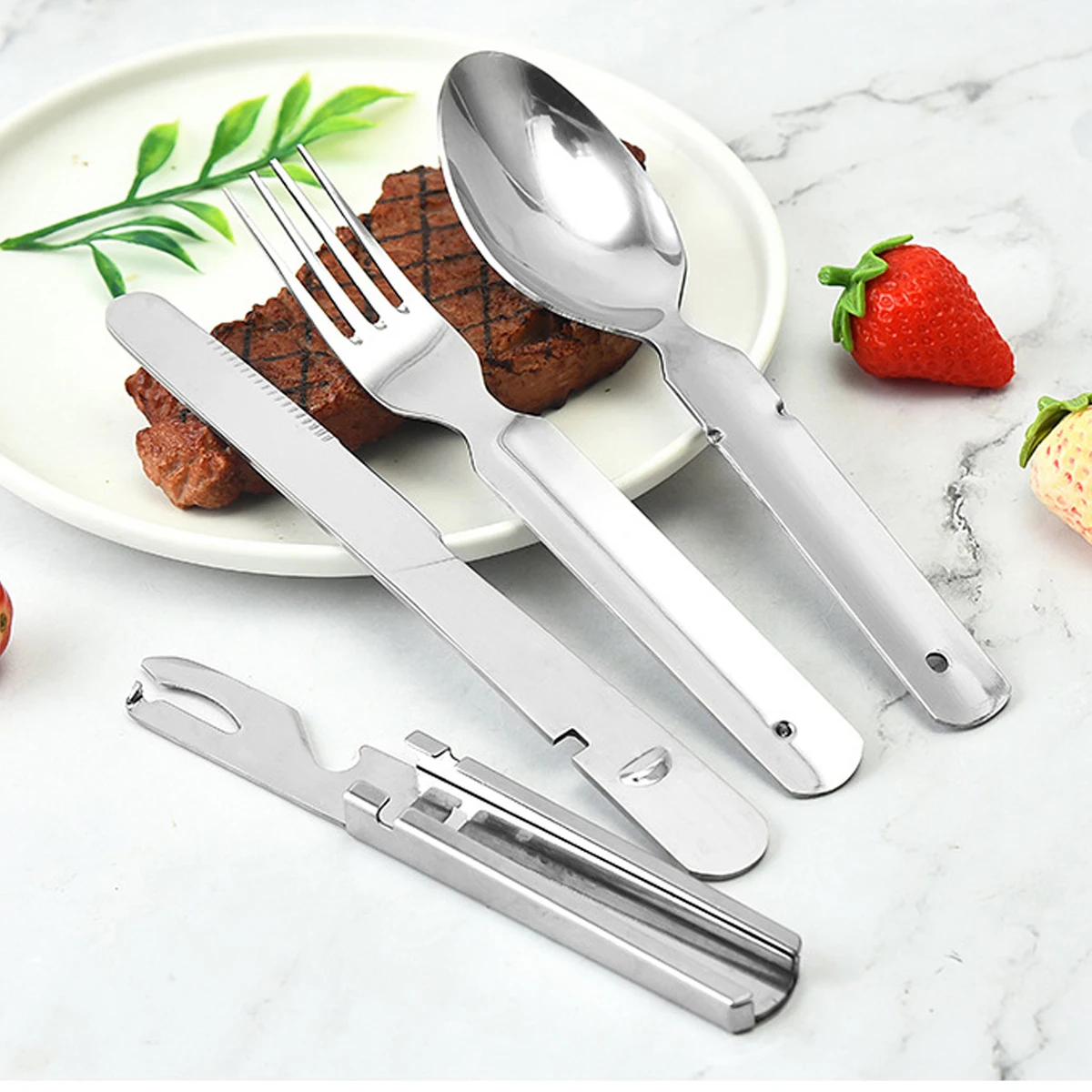 4-in-1 Portable Stainless Steel Camping Cutlery Set