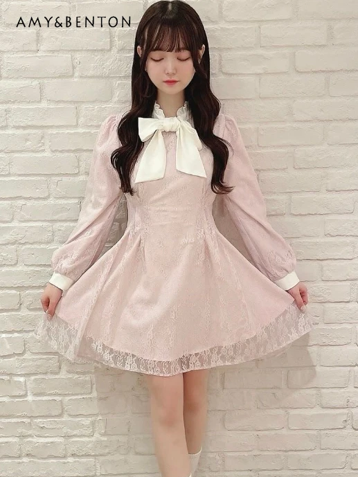 

Japanese Sweet Bow Lace Patchwork Lantern Sleeve A-line Dress for Women Mine Mass-Produced High Waist Slim Kawaii Mini Dresses