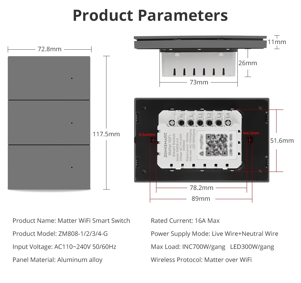 Matter WiFi Smart Wall Light Switch 1 2 3 4 Gangs with Aluminum Alloy Panel Work