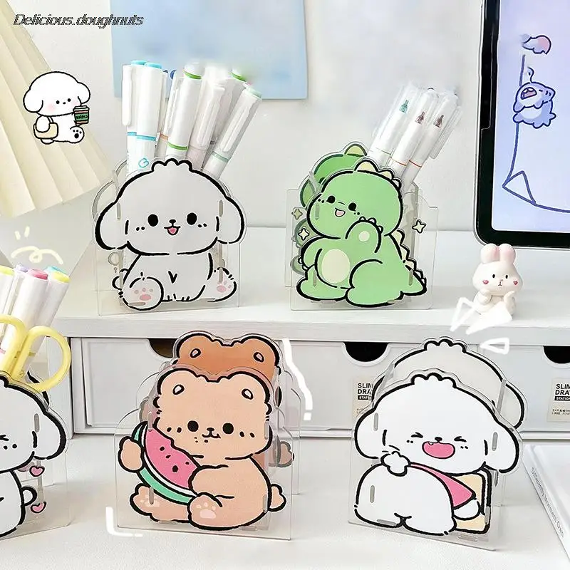 

Creative Cartoon Acrylic Pen Container Desktop Jewelry Organizer Removable Storage Box Transparent Office Stationery Box
