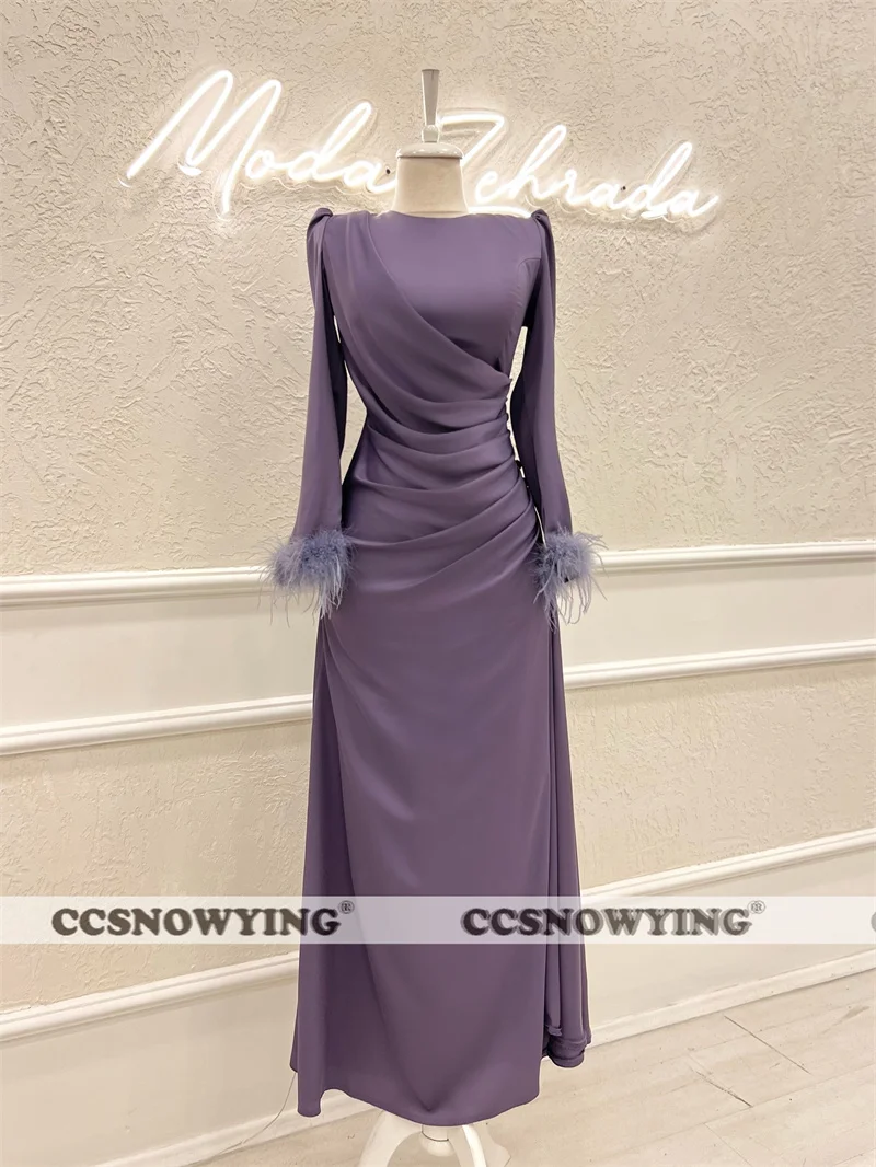 

Satin Feather Muslim Evening Dresses Long Sleeve O Neck Islamic Hijab Formal Party Gowns Women Arabic Dubai Robes De Soirée