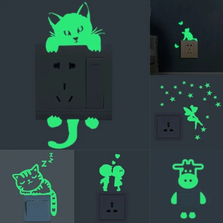 Luminous switch stickers Luminous Switch Stickers Glow In The Dark Decorative Kids Room Cartoon Cat Dog Fairy Star Pvc Wall Home Decoration