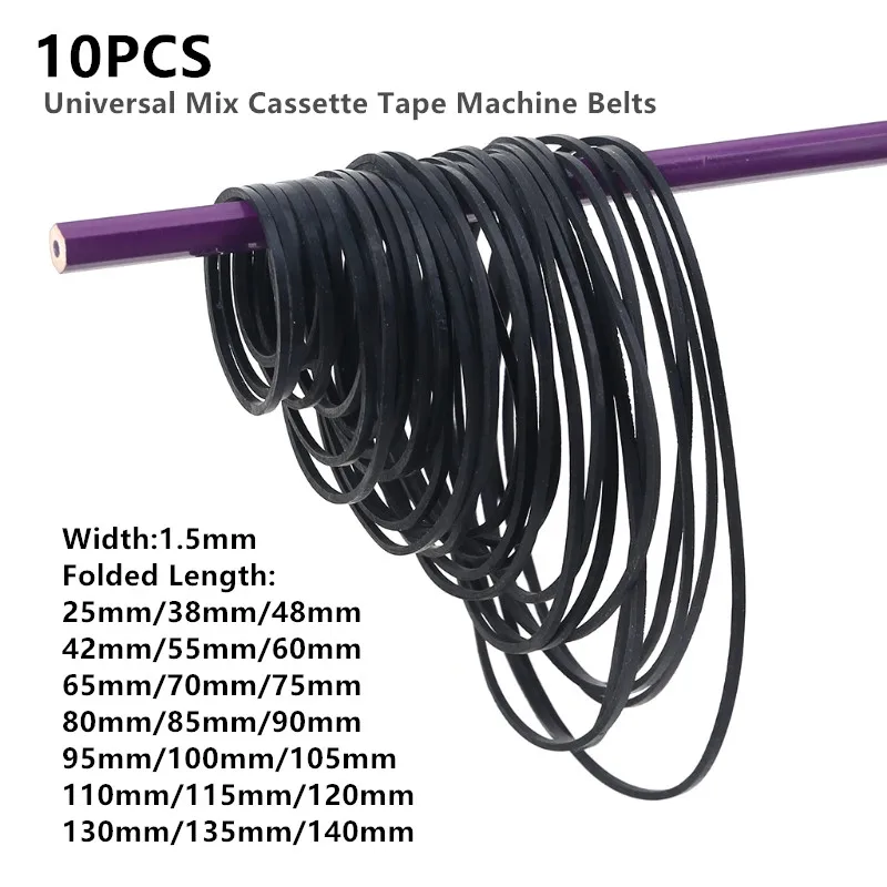 10pcs 1.5mm Width Universal Mix Cassette Tape Machine Belts Assorted